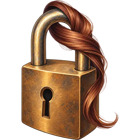 A brass padlock with a curl of hair around its shackle